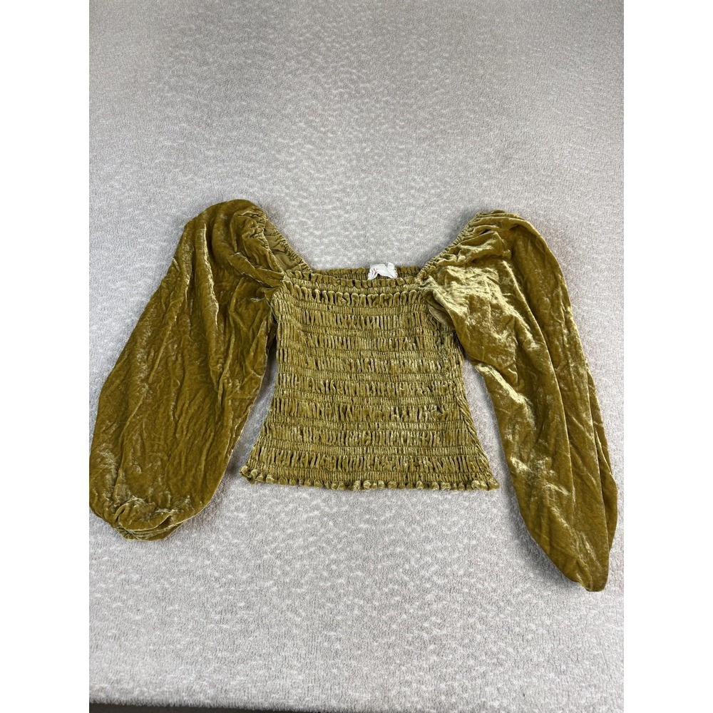 Anthropologie Blouse Womens XS Gold Velvet Off Shoulder Puff Sleeve Cropped